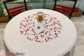 Round table cloth- Red string peach blossom embroidery (size 180 cm)